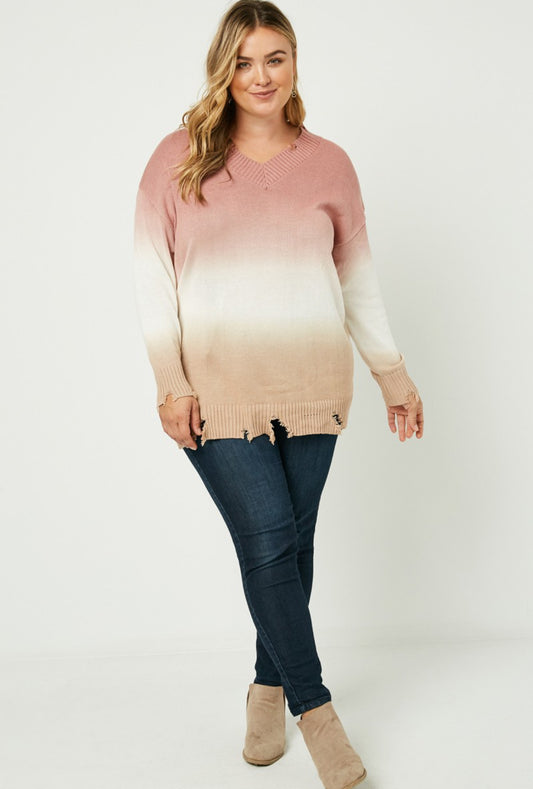 Curvy Distressed Ombre Pullover