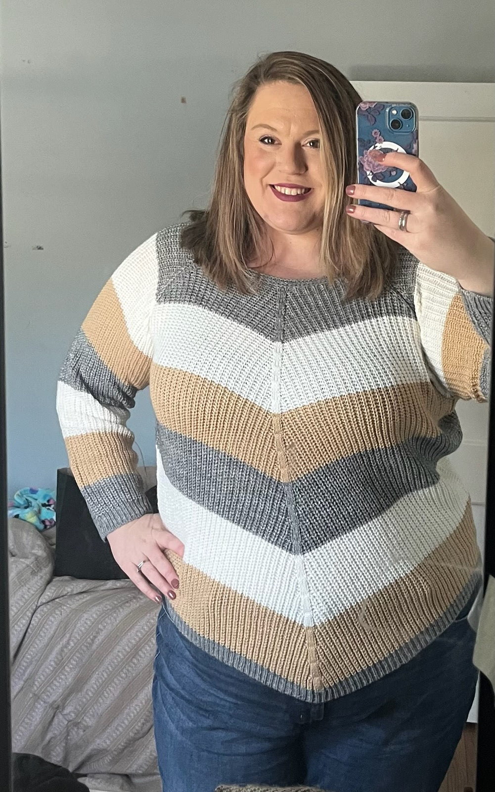 Curvy Tan + Grey Chevron V-Print Sweater